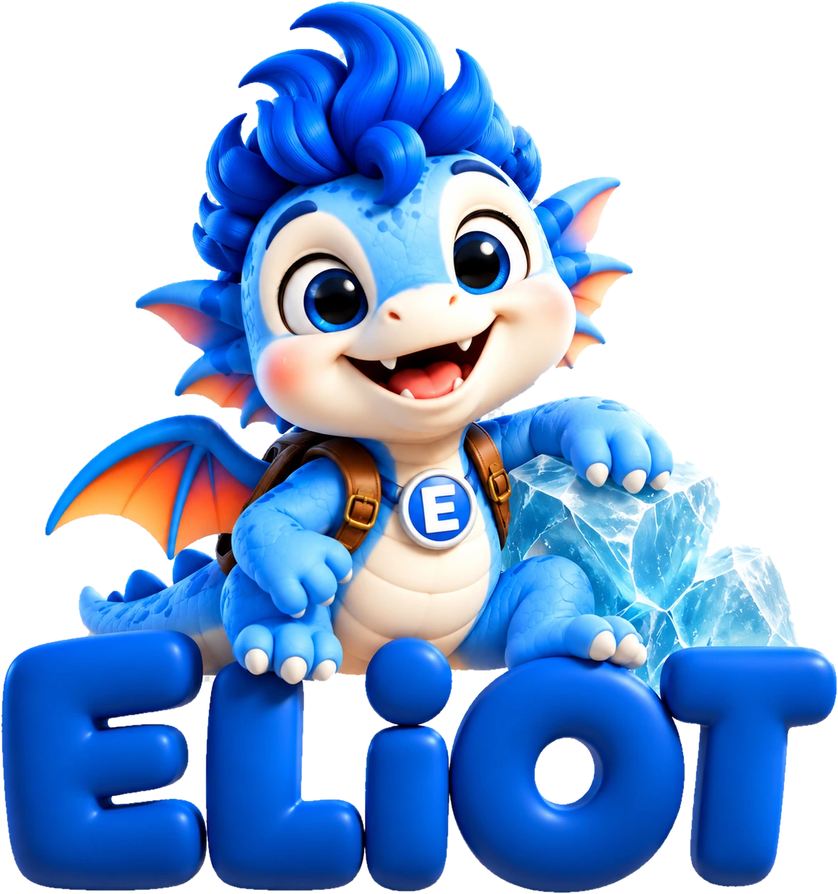 Eliot, le petit dragon bleu, devant un paysage d’aventure