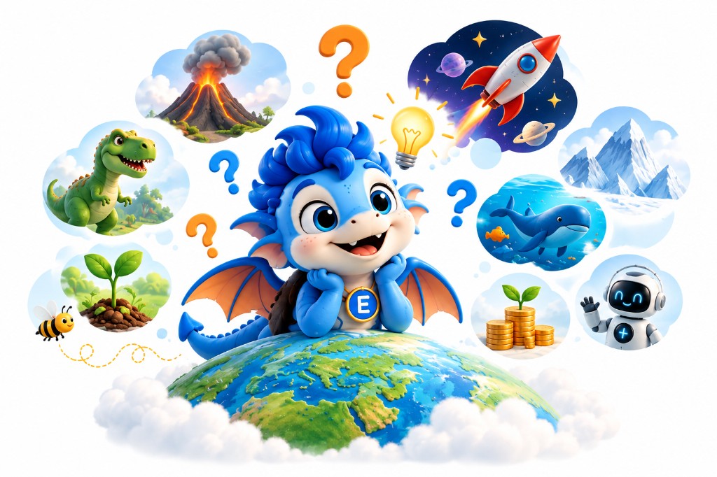 Eliot, un dragón curioso, imagina dinosaurios, volcanes, cohetes y más preguntas sobre el mundo